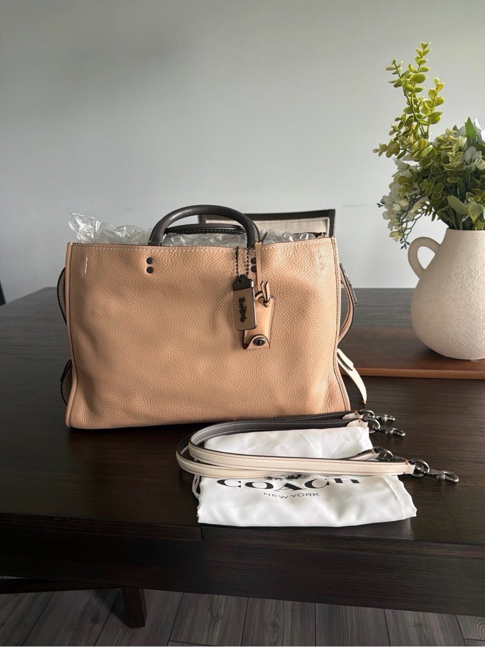 Coach Pebbled Leather Satchel in Light Tan with Dark Trim